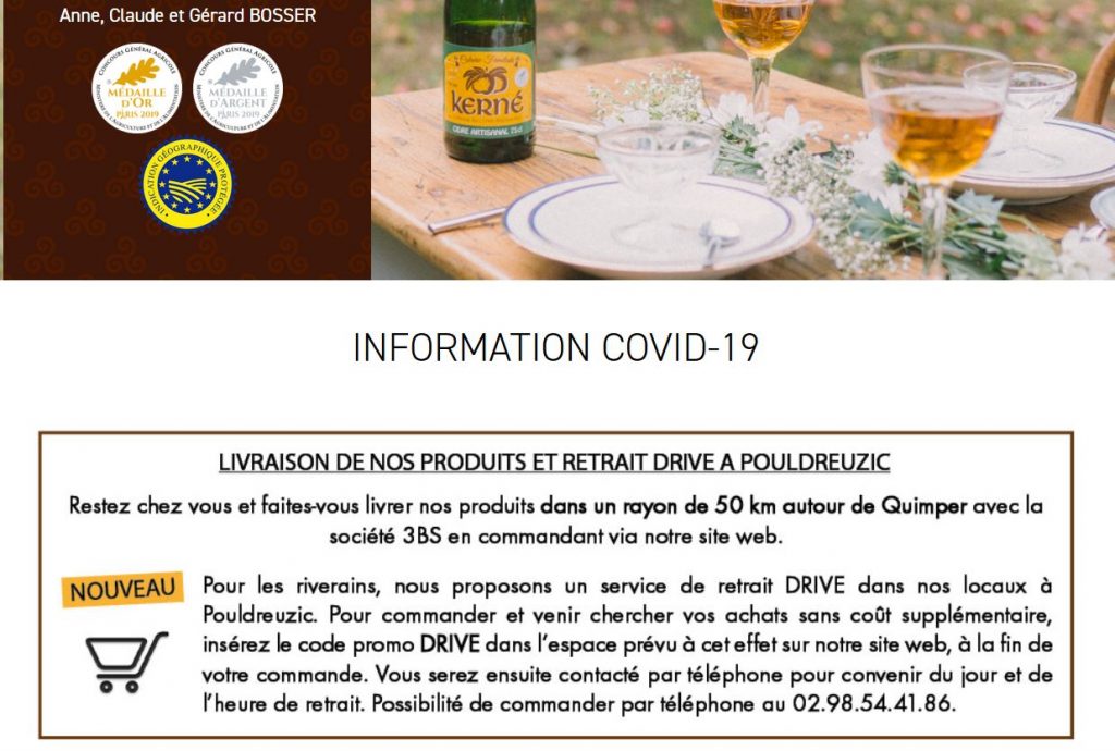 Cidrerie Kerné, la plus ancienne cidrerie artisanale du Finistère, à Pouldreuzic. Son activité drive pendant la crise du Covid-19