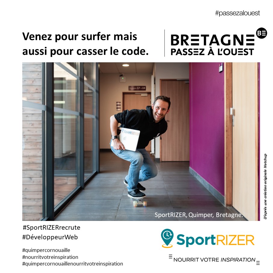 Campagne pour aider les entreprises à recruter #passezalouest en Cornouaille avec SportRIZER "Venez pour surfer mais aussi pour casser le code" (11/2019) par Marque Bretagne
